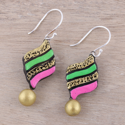 Ceramic dangle earrings, 'Jubilant Pennant' - Handcrafted Pink and Green Ceramic Pennant Dangle Earrings