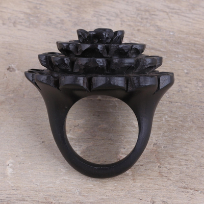 Ebony wood cocktail ring, 'Marigold Shadow' - Hand Carved Ebony Wood Marigold Cocktail Ring from India