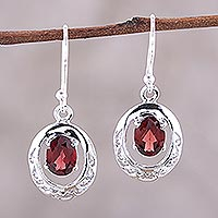 Rhodium plated garnet dangle earrings, 'Sparkling Reflections'