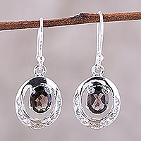 Rhodium plated smoky quartz dangle earrings, 'Sparkling Reflections'