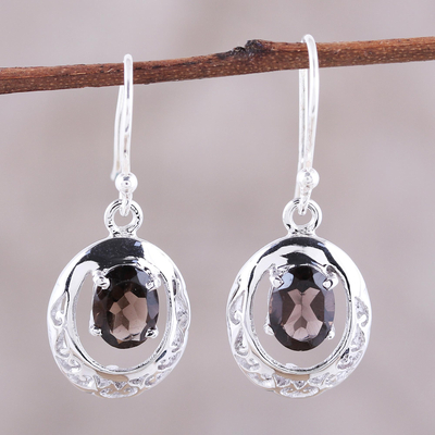 Rhodium plated smoky quartz dangle earrings, 'Sparkling Reflections' - Rhodium-Plated Sterling Silver Smoky Quartz Dangle Earrings
