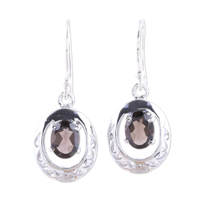 Rhodium plated smoky quartz dangle earrings, 'Sparkling Reflections' - Rhodium-Plated Sterling Silver Smoky Quartz Dangle Earrings