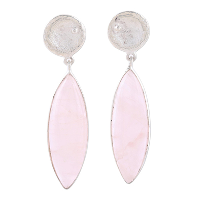 Rose quartz dangle earrings, 'Subtle Serenity' - Rose Quartz and Sterling Silver Marquise-Cut Dangle Earrings