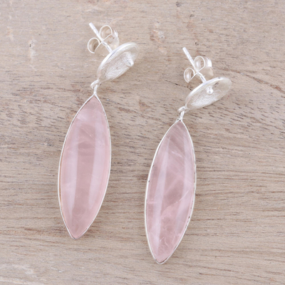 Rose quartz dangle earrings, 'Subtle Serenity' - Rose Quartz and Sterling Silver Marquise-Cut Dangle Earrings