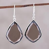 Smoky quartz dangle earrings, 'Faceted Drama' - Smoky Quartz and Sterling Silver Teardrop Dangle Earrings
