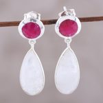 Ruby and rainbow moonstone dangle earrings, 'Sunrise Princess' - Rainbow Moonstone and Ruby Sterling Silver Dangle Earrings