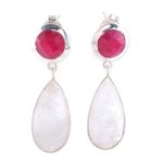 Ruby and rainbow moonstone dangle earrings, 'Sunrise Princess' - Rainbow Moonstone and Ruby Sterling Silver Dangle Earrings