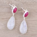Ruby and rainbow moonstone dangle earrings, 'Sunrise Princess' - Rainbow Moonstone and Ruby Sterling Silver Dangle Earrings