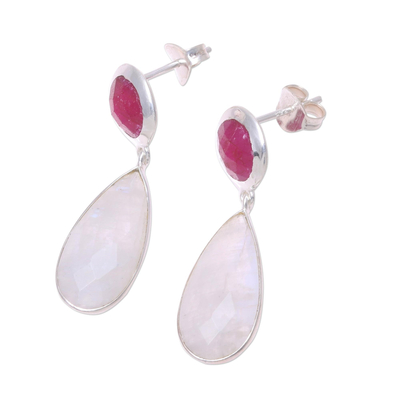 Ruby and rainbow moonstone dangle earrings, 'Sunrise Princess' - Rainbow Moonstone and Ruby Sterling Silver Dangle Earrings