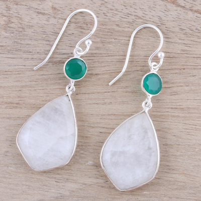 Rainbow moonstone and onyx dangle earrings, 'Misty Glen' - Rainbow Moonstone and Green Onyx Dangle Earrings from India
