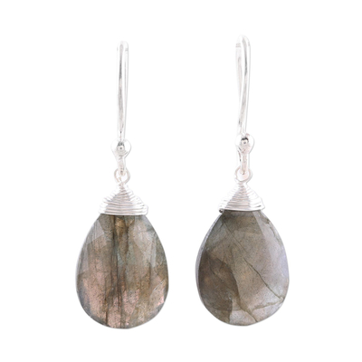 Labradorite dangle earrings, 'Mystical Forest' - Faceted Labradorite Teardrop Sterling Silver Dangle Earrings