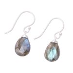 Labradorite dangle earrings, 'Mystical Forest' - Faceted Labradorite Teardrop Sterling Silver Dangle Earrings