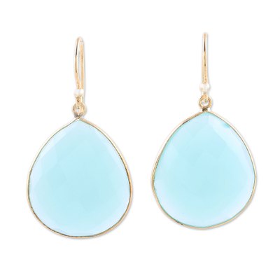 Gold plated chalcedony dangle earrings, 'Skyfall Tears' - Gold Plated Chalcedony Dangle Earrings from India