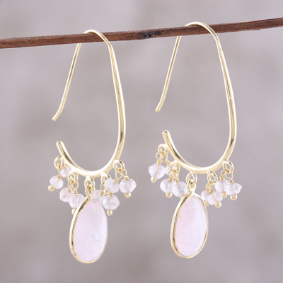Gold plated rose quartz dangle earrings, 'Regal Beauty' - 18k Gold Plated Rose Quartz Dangle Earrings from India