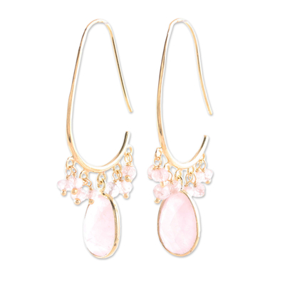 Gold plated rose quartz dangle earrings, 'Regal Beauty' - 18k Gold Plated Rose Quartz Dangle Earrings from India