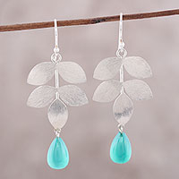 Onyx dangle earrings, 'Misty Leaves' - Sterling Silver and Green Onyx Leaf Theme Dangle Earrings