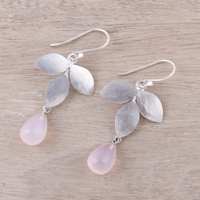 Chalcedony dangle earrings, 'Forest Shimmer' - Sterling Silver and Pink Chalcedony Leaf Dangle Earrings