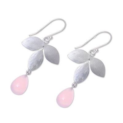Chalcedony dangle earrings, 'Forest Shimmer' - Sterling Silver and Pink Chalcedony Leaf Dangle Earrings