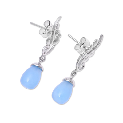 Rhodium plated chalcedony dangle earrings, 'Blissful Vine in Blue' - Sterling Silver Blue Chalcedony Vine Dangle Earrings