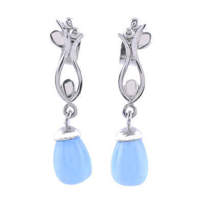 Rhodium Plated Dangle Earrings with Blue Chalcedony
