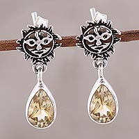 Citrine dangle earrings, 'Rays of Sunshine' - Indian Sterling Silver Yellow Citrine Sunny Dangle Earrings