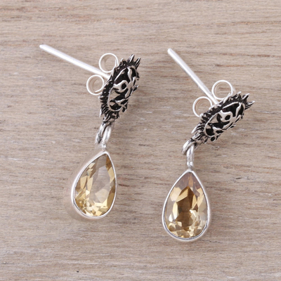 Citrine dangle earrings, 'Rays of Sunshine' - Indian Sterling Silver Yellow Citrine Sunny Dangle Earrings
