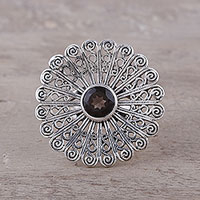 Smoky quartz cocktail ring, 'Beautiful Bloom' - Sterling Silver Smoky Quartz Floral Openwork Cocktail Ring