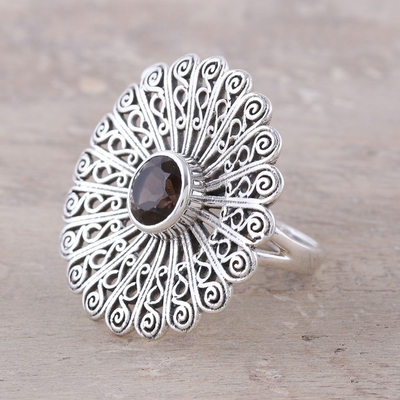 Smoky quartz cocktail ring, 'Beautiful Bloom' - Sterling Silver Smoky Quartz Floral Openwork Cocktail Ring