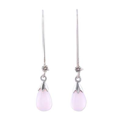 Chalcedony dangle earrings, 'Graceful Tear in Pink' - Pink Chalcedony and Sterling Silver Teardrop Dangle Earrings