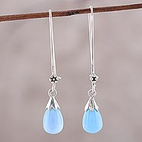 Chalcedony dangle earrings, 'Graceful Tear in Blue'