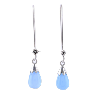 Chalcedony dangle earrings, 'Graceful Tear in Blue' - Blue Chalcedony and Sterling Silver Teardrop Dangle Earrings