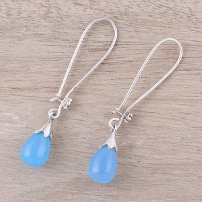Chalcedony dangle earrings, 'Graceful Tear in Blue' - Blue Chalcedony and Sterling Silver Teardrop Dangle Earrings