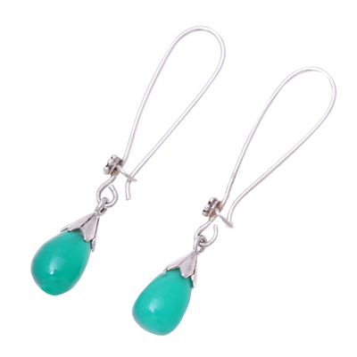Green onyx dangle earrings, 'Graceful Tear in Green' - Green Onyx and Sterling Silver Teardrop Dangle Earrings