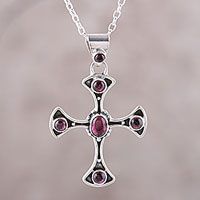 Garnet pendant necklace, 'Beautiful Faith' - Garnet and Sterling Silver Dot Motif Cross Pendant Necklace