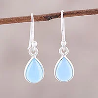 Pendientes colgantes Calcedonia - Pendientes colgantes de lágrima de plata de ley y calcedonia azul