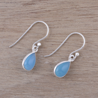 Chalcedony dangle earrings, 'Gentle Tear' - Blue Chalcedony and Sterling Silver Teardrop Dangle Earrings