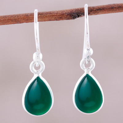 Onyx dangle earrings, 'Gentle Tear in Green' - Green Onyx and Sterling Silver Teardrop Dangle Earrings