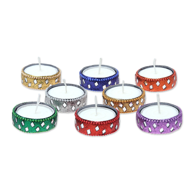 Aluminum and glass tea lights, 'Festive Colors' (set of 8) - Sparkling Assorted Colors Resin-Coated Tea Lights (Set of 8)