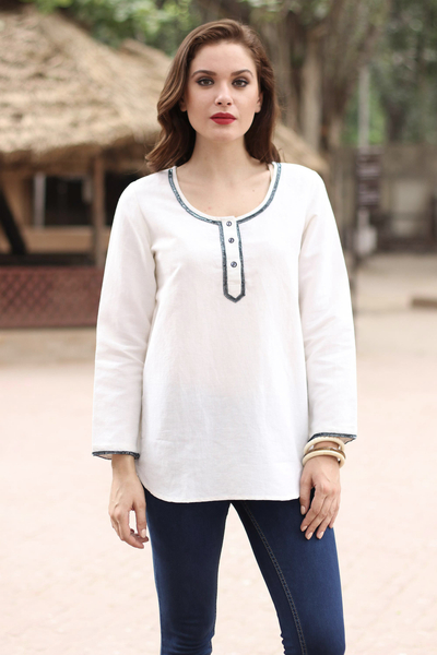 Cotton blend tunic, 'Carefree Ivory' - Linen and Cotton Ivory Tunic with Sequins and Beaded Accents