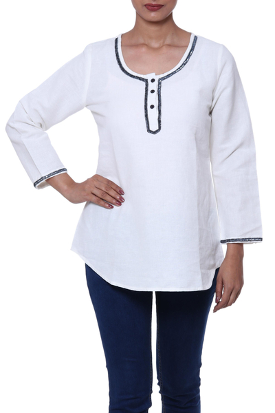 Cotton blend tunic, 'Carefree Ivory' - Linen and Cotton Ivory Tunic with Sequins and Beaded Accents