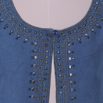 Linen and cotton blend jacket, 'Beaded Blue Elegance' - Blue Linen Cotton Blend Beaded Short Jacket