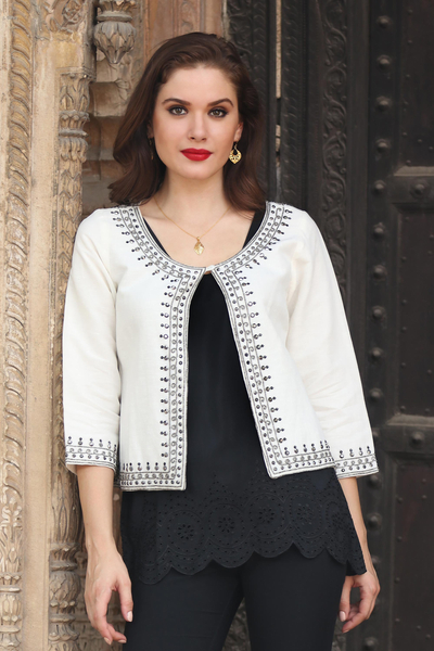 Beaded linen and cotton blend jacket, 'Beaded Ivory Elegance' - Ivory Linen and Cotton Blend Beaded Short Jacket