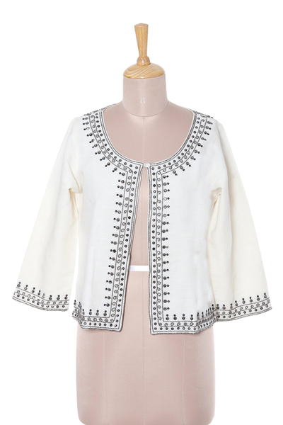 Ivory Linen and Cotton Blend Beaded Short Jacket