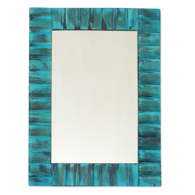 Mango wood wall mirror, 'Turquoise Fantasy' - Mango Wood Wall Mirror in Turquoise from India