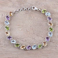 Rhodium plated multi-gemstone tennis-style bracelet, 'Sparkling Fusion' - Multi-Gemstone Tennis-Style Bracelet from India