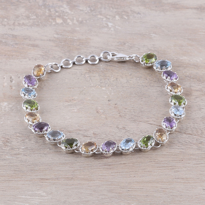 Rhodium plated multi-gemstone tennis-style bracelet, 'Sparkling Fusion' - Multi-Gemstone Tennis-Style Bracelet from India