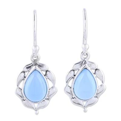 Chalcedony dangle earrings, 'Circled by Paisleys' - Paisley Motif Chalcedony Dangle Earrings from India