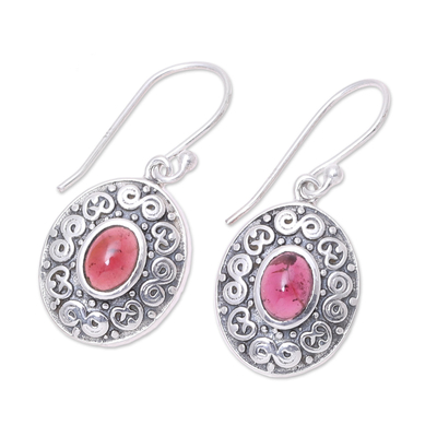 Garnet dangle earrings, 'Swirling Ellipse' - Swirl Motif Oval Garnet Dangle Earrings from India