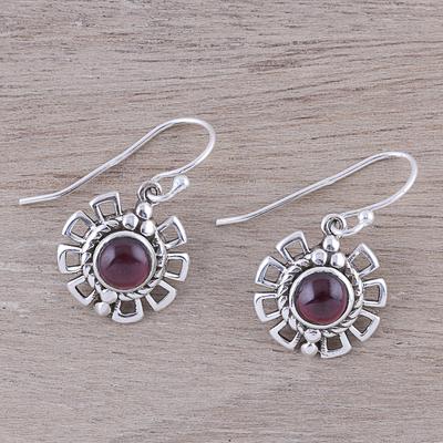 Garnet dangle earrings, 'Gleaming Bloom' - Gleaming Garnet Dangle Earrings Crafted in India