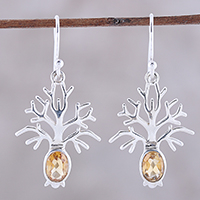 Citrine dangle earrings, 'Budding Tree' - Tree-Shaped Citrine Dangle Earrings from India